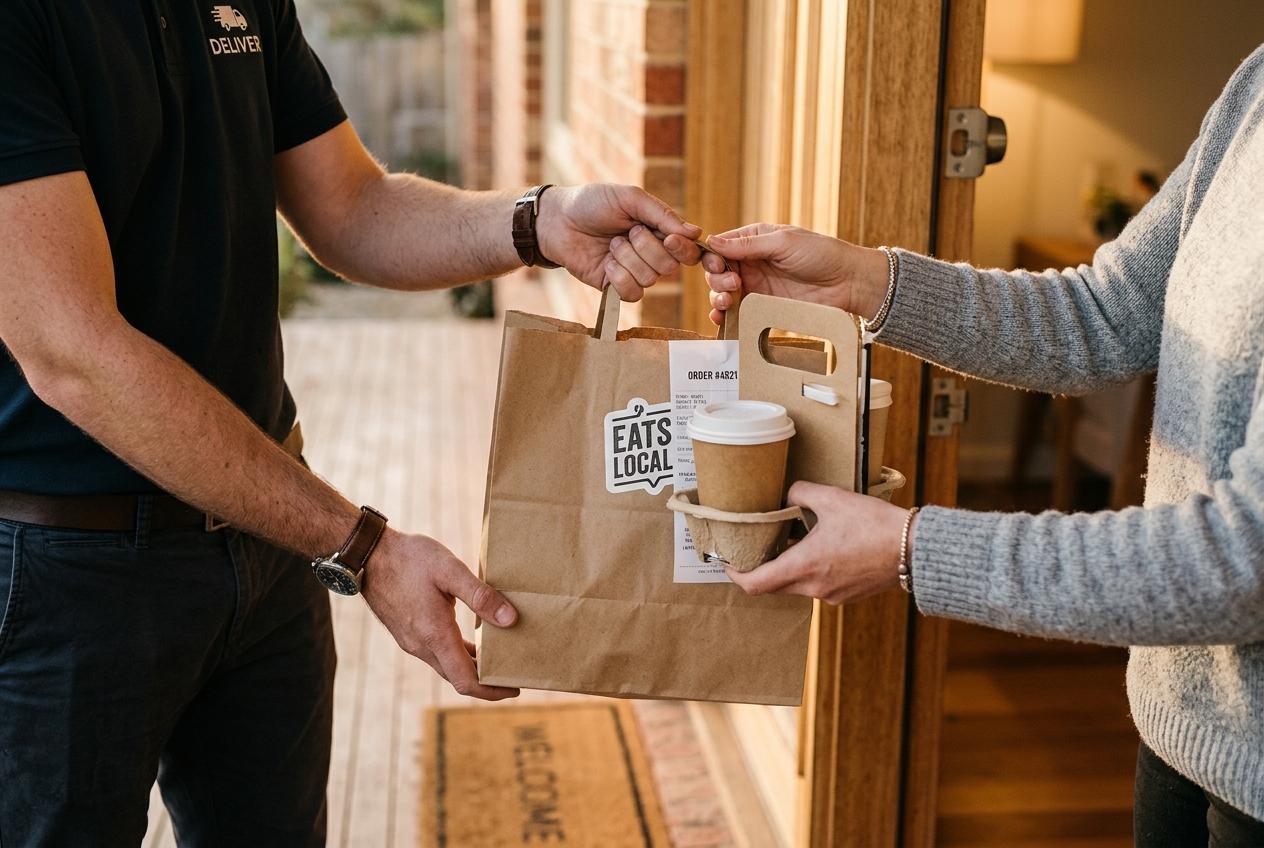 A food delivery bag being handed over at a doorway